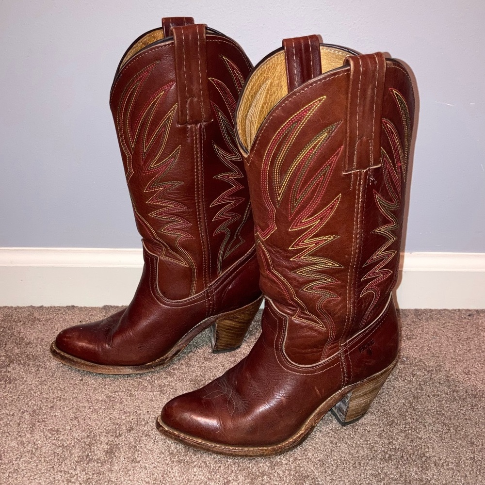 Vintage Frye Dora Western Boots 6.5B | Made in USA | Brown Leather Cowgirl Boots